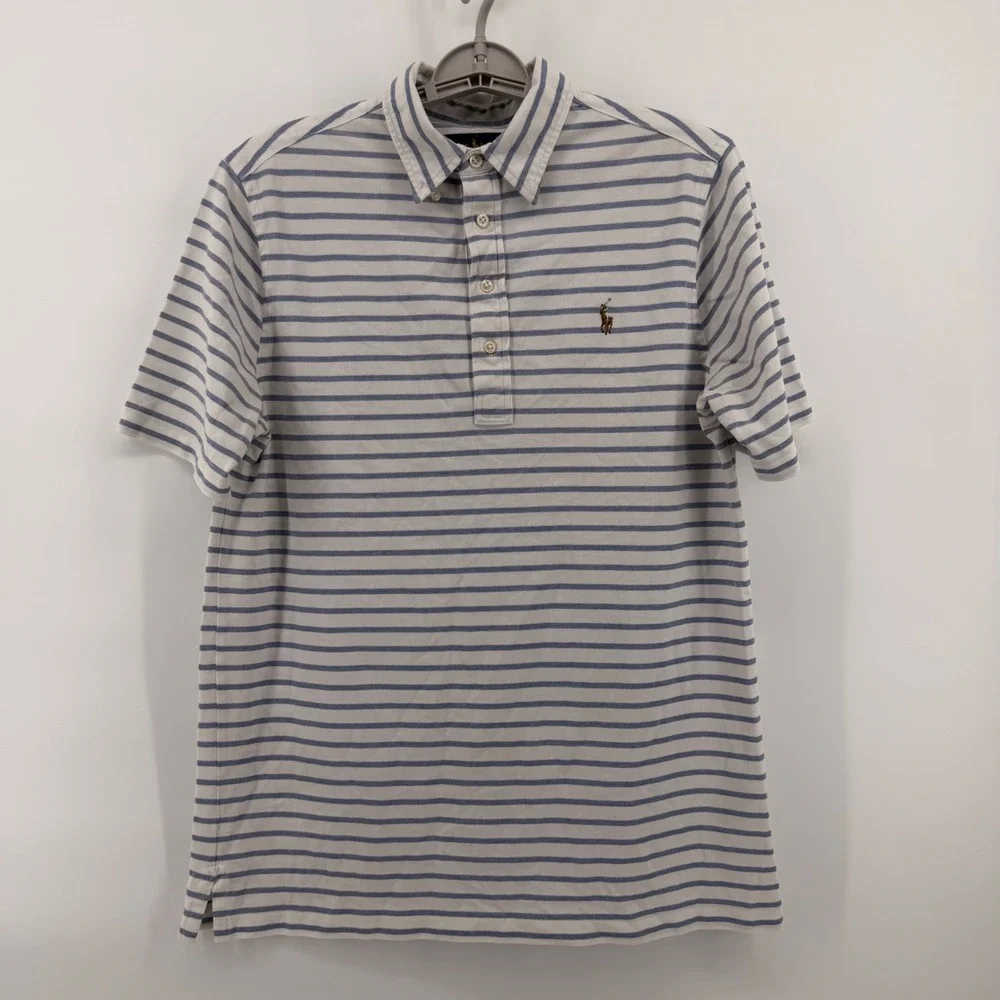 Ralph Lauren Knit Oxford Polo Shirt Mens Medium Blue White Striped Short Sleeve